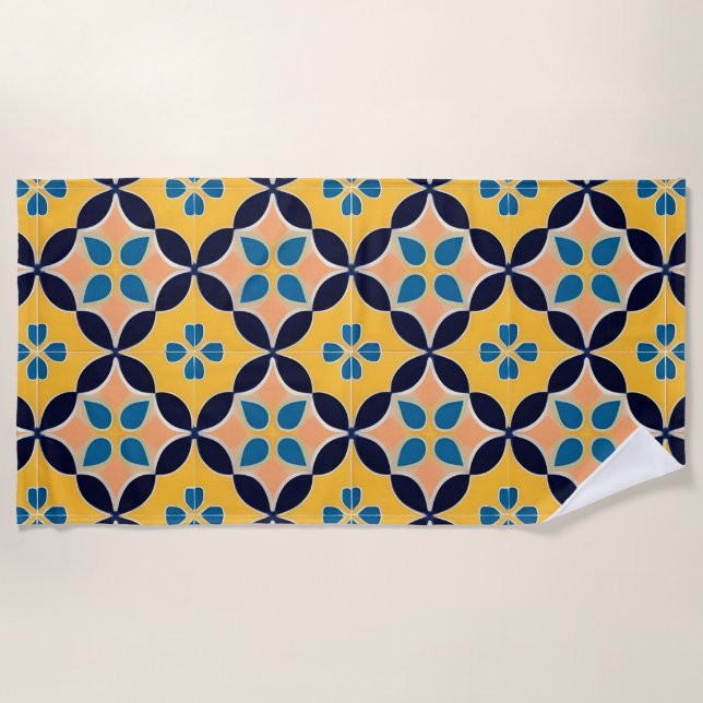 Colourful Geometric Pattern with Retro Tile Design Beach Towel (Front)