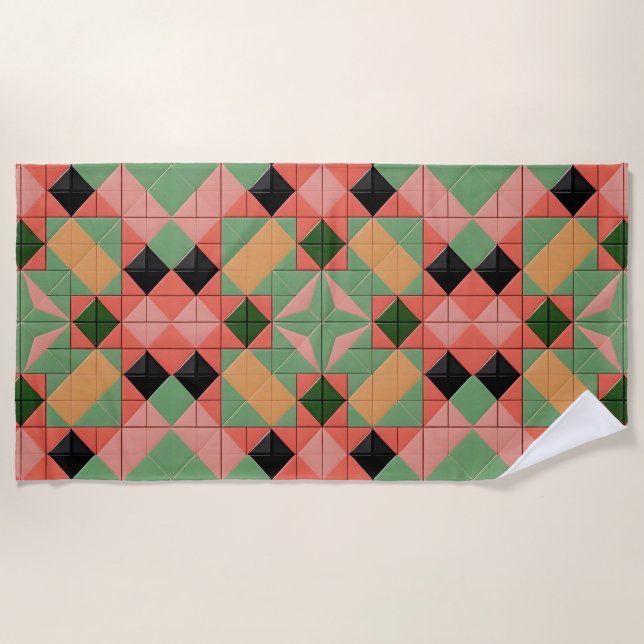 Colourful Geometric Pattern With Symmetrical Squar Beach Towel (Front)