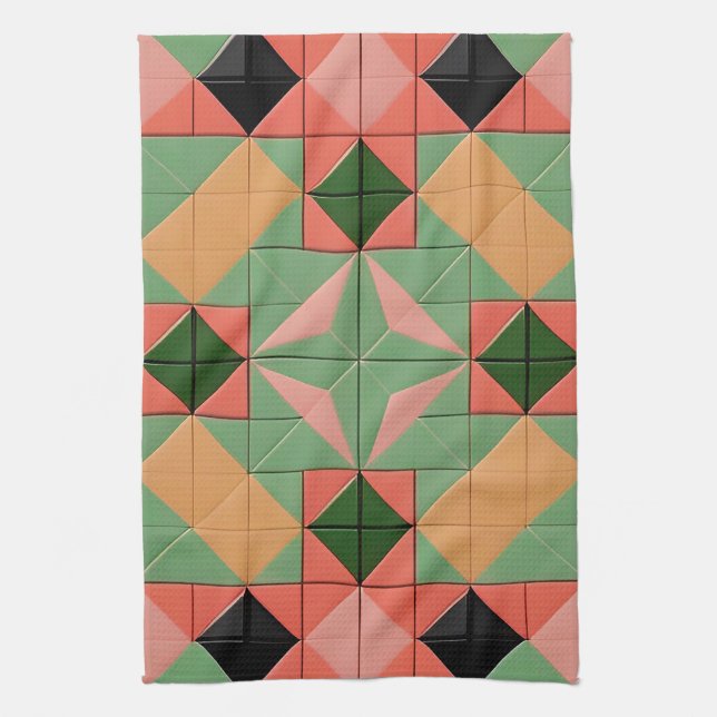 Colourful Geometric Pattern With Symmetrical Squar Tea Towel (Vertical)