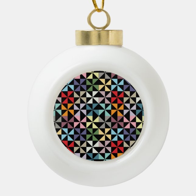 Colourful Geometric Pinwheel Black Ceramic Ball Christmas Ornament (Front)