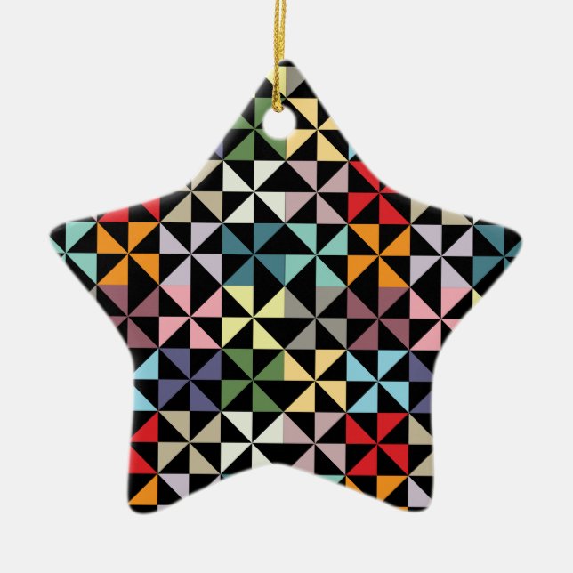 Colourful Geometric Pinwheel Black Ceramic Ornament (Front)