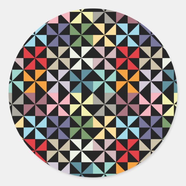Colourful Geometric Pinwheel Black Classic Round Sticker (Front)