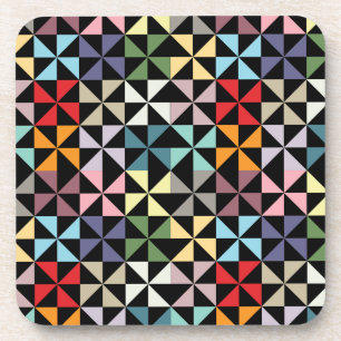 Colourful Geometric Pinwheel Black Coaster