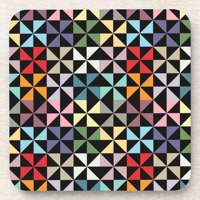 Colourful Geometric Pinwheel Black Coaster (Front)