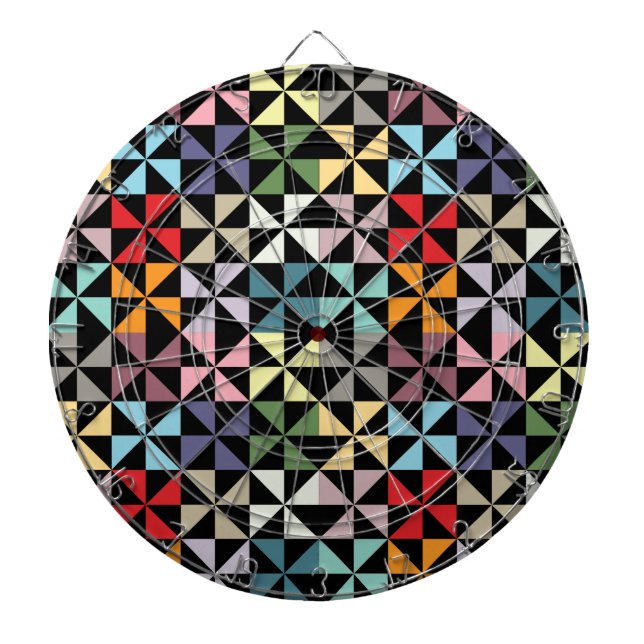 Colourful Geometric Pinwheel Black Dartboard (Front)