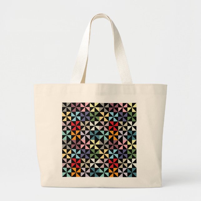 Colourful Geometric Pinwheel Black Large Tote Bag (Front)