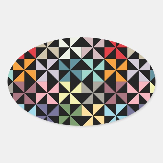 Colourful Geometric Pinwheel Black Oval Sticker (Front)