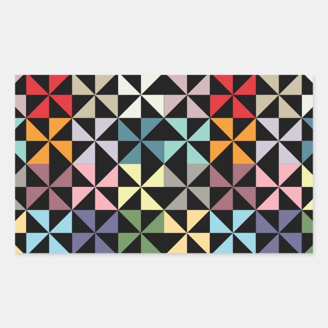 Colourful Geometric Pinwheel Black Rectangular Sticker (Front)