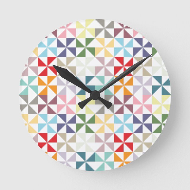 Colourful Geometric Pinwheel Round Clock (Front)
