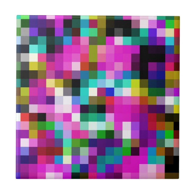 Colourful Geometric Pixel Pixelated Plaid Ceramic Tile (Front)