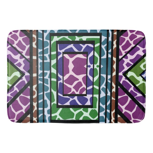 Colourful Geometric Rainbow Giraffe Animal Print Bath Mat (Front)