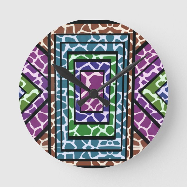 Colourful Geometric Rainbow Giraffe Animal Print Round Clock (Front)