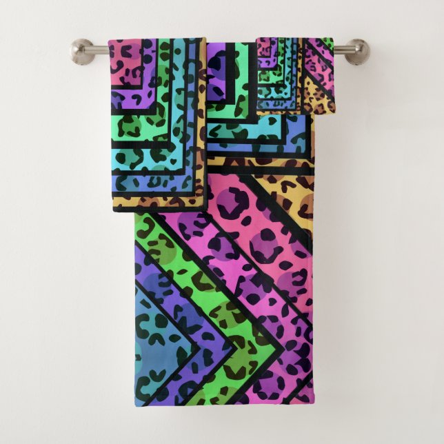 Colourful Geometric Rainbow Jaguar Animal Print Bath Towel Set (Insitu)