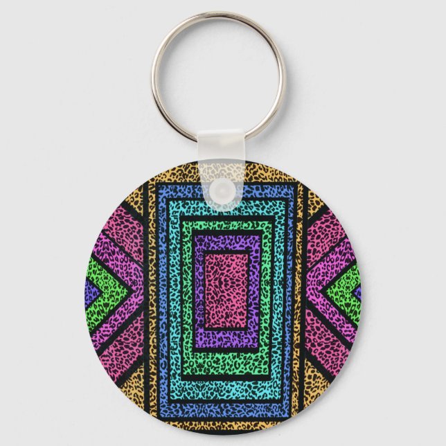 Colourful Geometric Rainbow Leopard Animal Print Key Ring (Front)