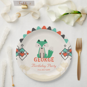 Colourful Geometric Shapes and Fox Birthday Paper Plate