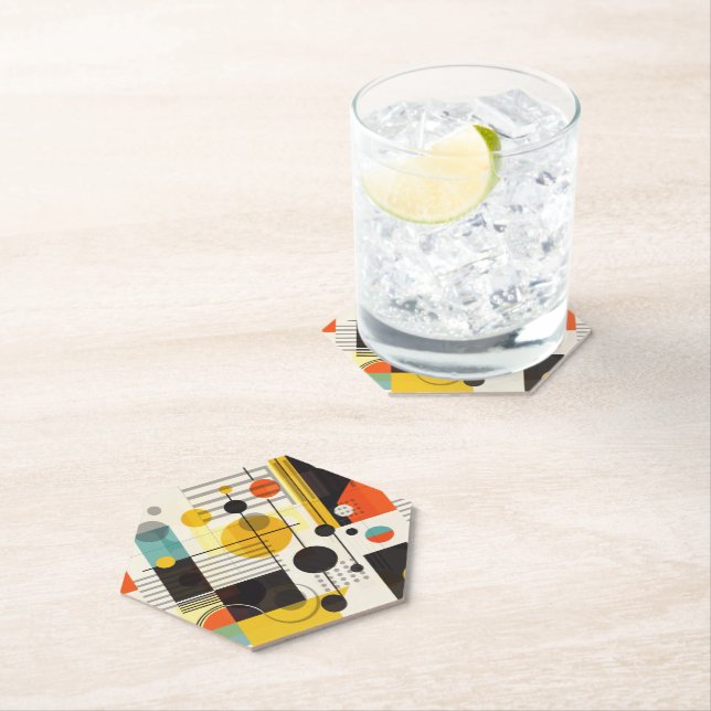 Colourful geometric shapes composition paper coaster (Insitu)