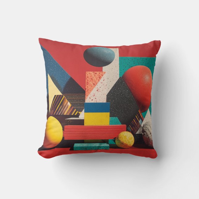 Colourful Geometric Shapes on Red Background Cushion (Front)