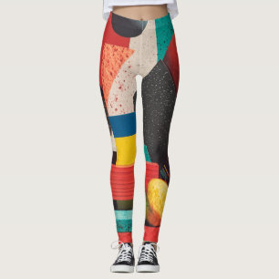 Colourful Geometric Shapes on Red Background Leggings