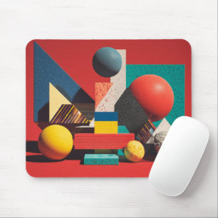 Colourful Geometric Shapes on Red Background Mouse Pad