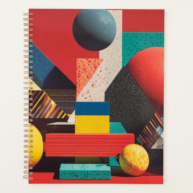 Colourful Geometric Shapes on Red Background Planner (Front)