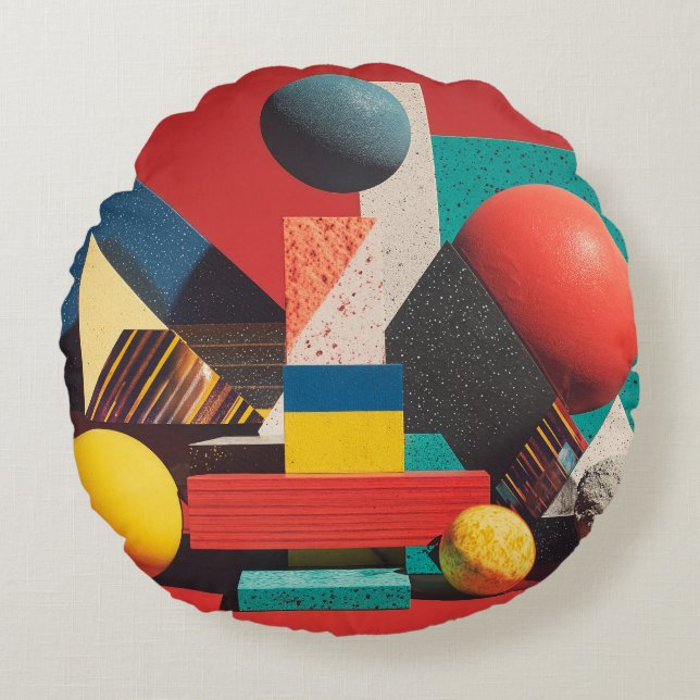 Colourful Geometric Shapes on Red Background Round Cushion (Front)