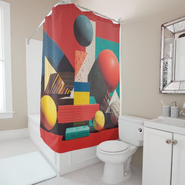 Colourful Geometric Shapes on Red Background Shower Curtain (In Situ)