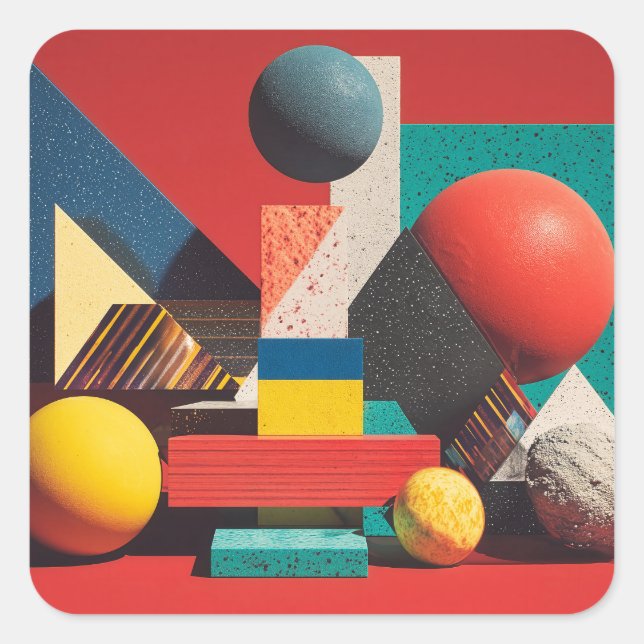 Colourful Geometric Shapes on Red Background Square Sticker (Front)
