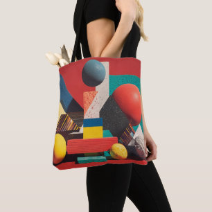 Colourful Geometric Shapes on Red Background Tote Bag