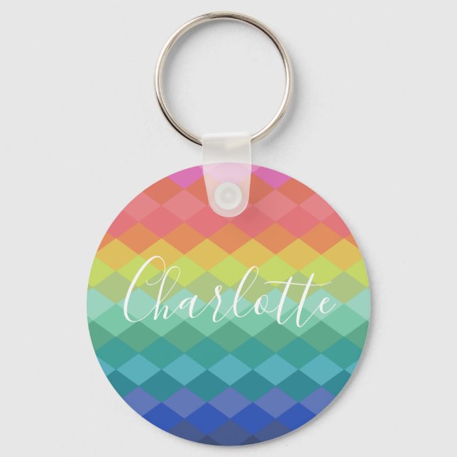 Colourful Geometric Shapes Rainbow Personalised    Key Ring (Front)