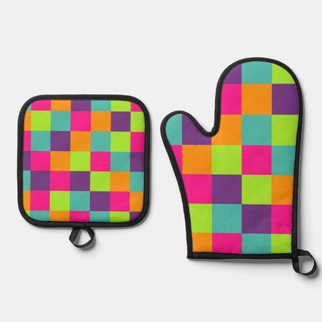 Colourful Geometric Squares Oven Mitt & Pot Holder Set (Front)
