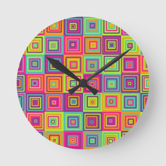 Colourful Geometric Squares Round Clock (Front)