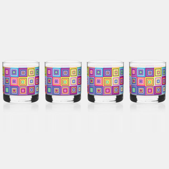 Colourful Geometric Squares Whiskey Glass (Front)