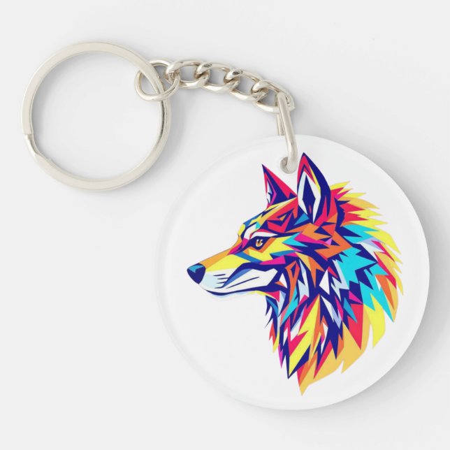 Colourful Geometric Wolf Acrylic Keychain (Front)