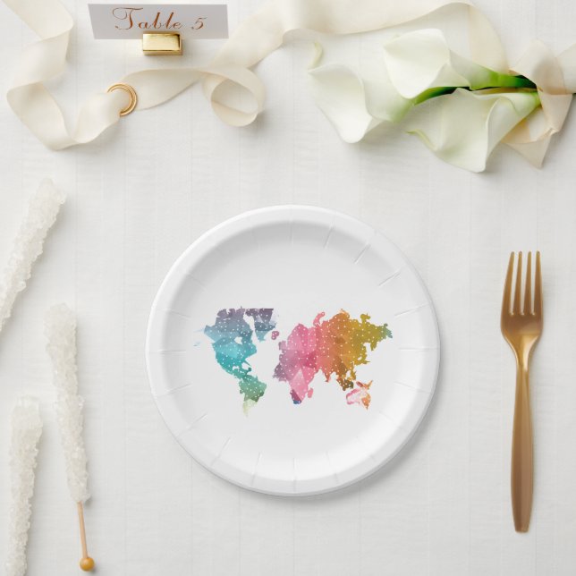 Colourful Geometric World Map  – Trendy  Paper Plate (Wedding)
