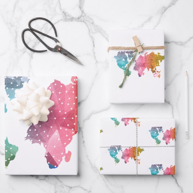 Colourful Geometric World Map – Trendy  Wrapping Paper Sheet (Front)