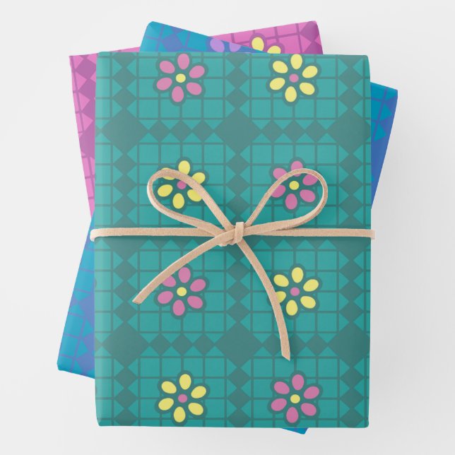 Colourful Geometrical Flower Pattern Plaid Effect Wrapping Paper Sheet (In situ)
