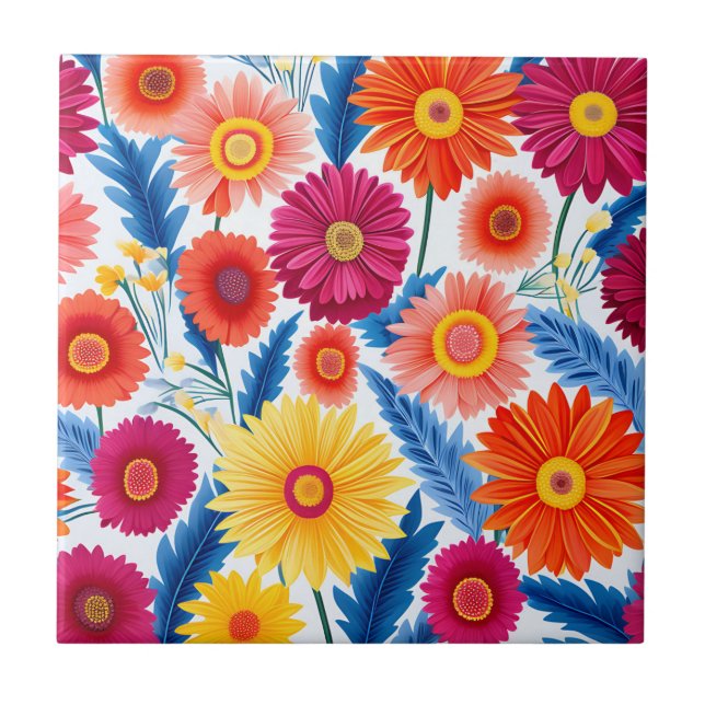 Colourful Gerbera Daisies Floral Ceramic Tile (Front)