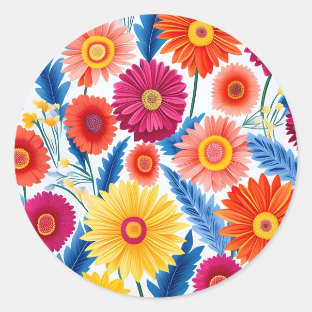 Colourful Gerbera Daisies Floral Classic Round Sticker (Front)