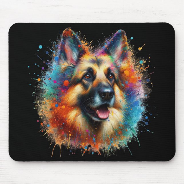 Colourful German Shepherd Paint Splatter Mouse Pad (Front)