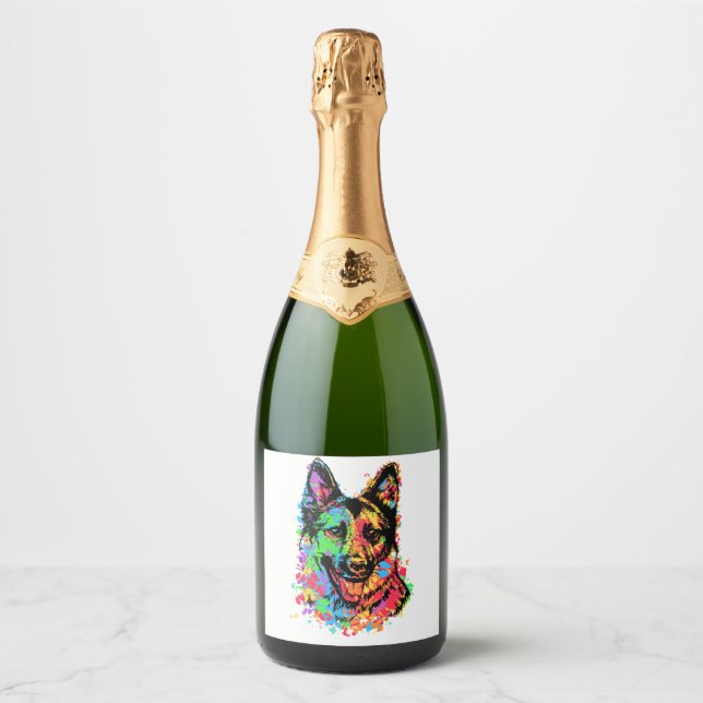 Colourful German Shepherd  Sparkling Wine Label (Front)