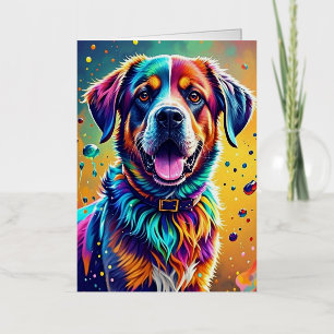 Colourful giant happy playful funny dog, splash foil greeting card