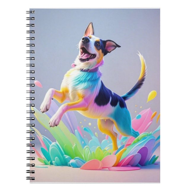 Colourful giant happy playful funny dog, splash notebook (Front)