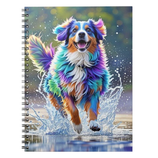 Colourful giant happy playful funny dog, splash notebook (Front)