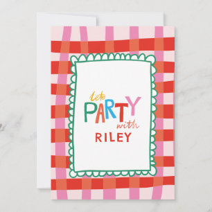 Colourful Gingham "Let’s Party" Custom Name Kids Invitation