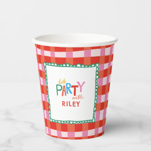Colourful Gingham "Let’s Party" Custom Name Kids Paper Cups