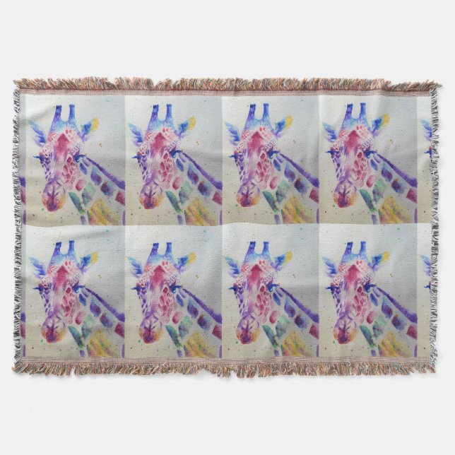 Colourful Giraffe animal Watercolour Art Throw Rug (Front)