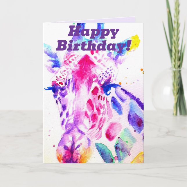 Colourful Giraffe Animal Watercolour Birthday Card (Front)
