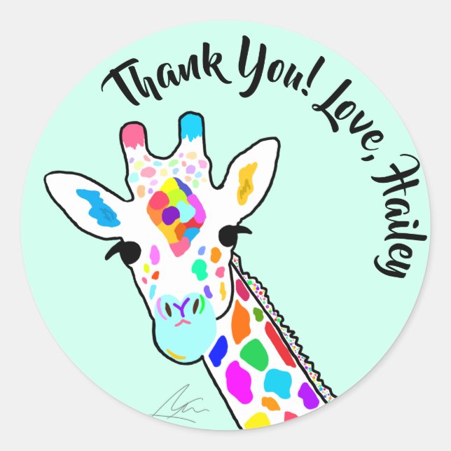 Colourful Giraffe Modern Art Mint Classic Round Sticker (Front)