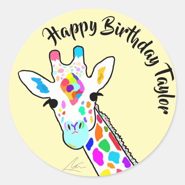 Colourful Giraffe Modern Art Yellow Classic Round Sticker (Front)