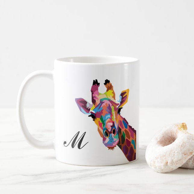Colourful Giraffe Pop Art Monogram Coffee Mug (With Donut)